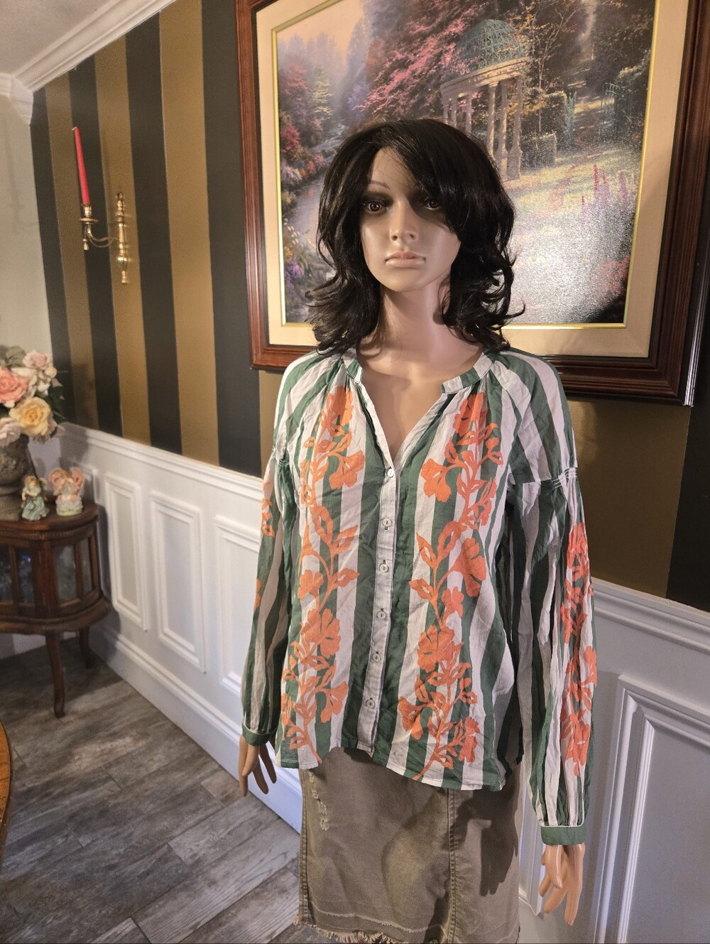 DR2 Green & Orange Striped Floral Button-Down Blouse